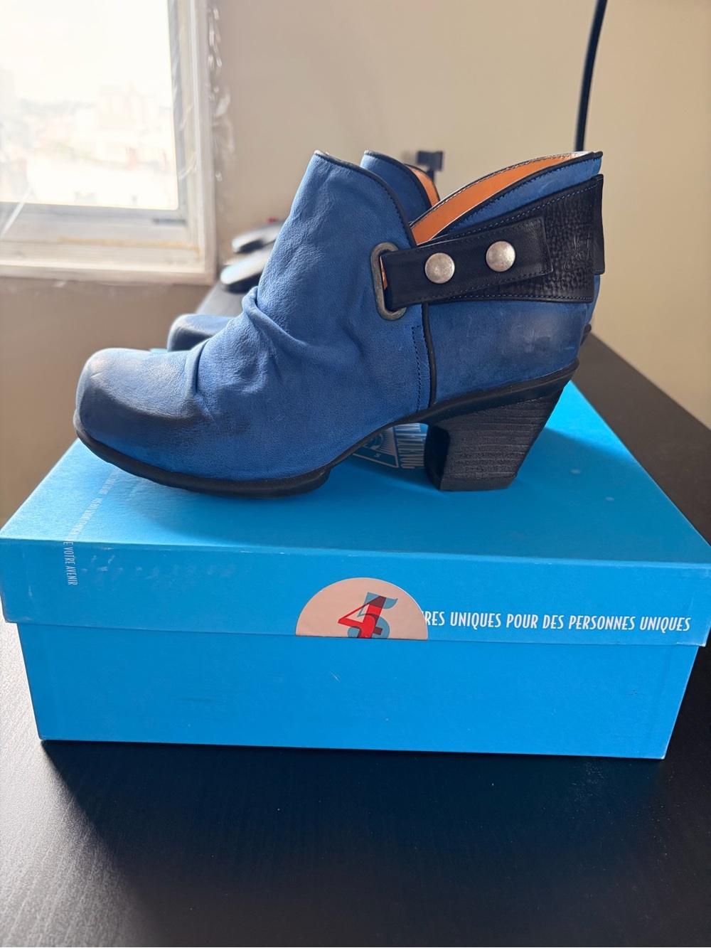 John Fluevog Blue Suede Ankle Boots with Stud Strap - Picture 4 of 5